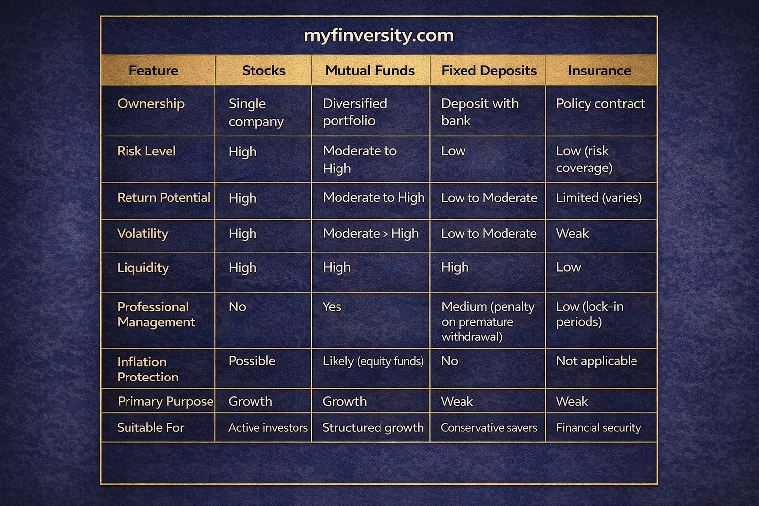 Comparison Table Mutual Fund Vs Stocks Vs Fixed Deposit Vs Insurance